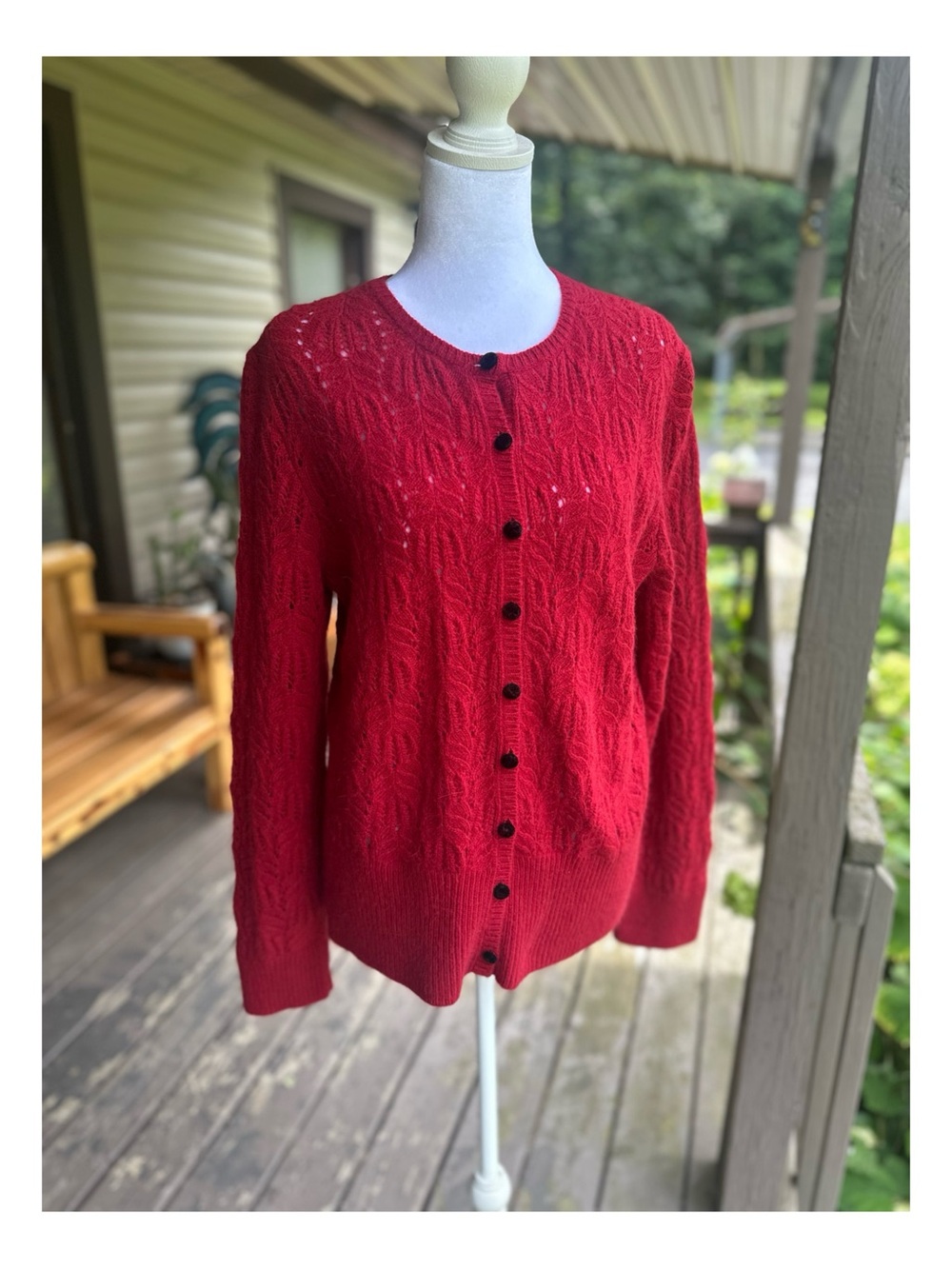 Sarah Spencer Vintage Red Pointelle Open Knit Lambswool Angora Blend XL Cardigan